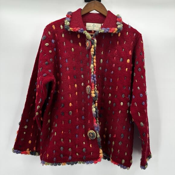Design Options Cardigan Sweater Womens Large Red Multicolor Art Button Wool - Picture 1 of 15